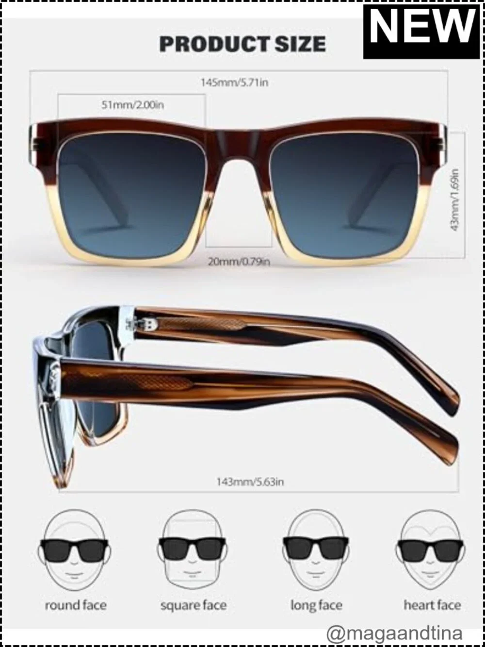 Oversized Acetate Square Sunglasses Polarized UV Protection